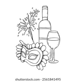 Black and white Mardi Gras line masquerade mask with wine bottle, glass and sparklers line vector illustration. Purim carnival symbols and festive accessories for coloring in ink style