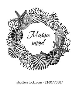 Black and white marine circular pattern of corals, shells, starfish. Black ink brush texture