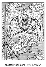Black and white marine illustration with the Jolly Rodger pirate flag with skull and scythe hanging on ship mast. Vector nautical drawings, adventure concept, coloring book page, t-shirt graphic 