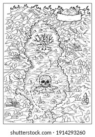 Black and white marine illustration with map of treasure island, skull and inknown land. Vector nautical drawings, adventure concept, coloring book page, t-shirt graphic 