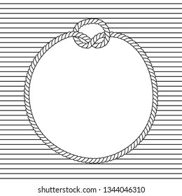 Black and white marine knots twine rope circle frame on a striped background, vector