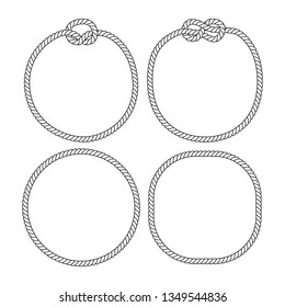 Black and white marine knots twine rope circle frames set, vector