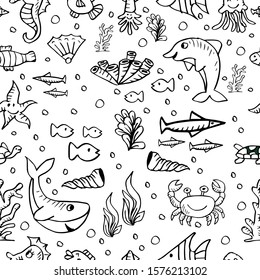 Black and white  marine life, seamless pattern