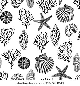 Black and white marine seamless pattern of corals, shells, starfish. Black ink brush texture