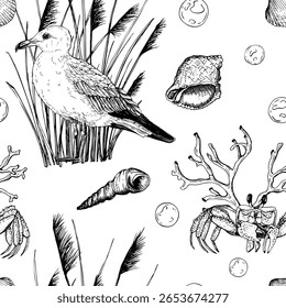 Padrão marinho sem costura preto e branco com uma gaivota de pé entre caniços, cercada por conchas marinhas, um caranguejo, coral e bolhas. Ilustração vetorial. Estilo desenhado à mão perfeito para projetos náuticos.