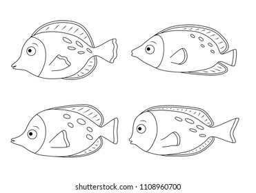 Black and white marine set. Vector cartoon illustration of tropical fishes.