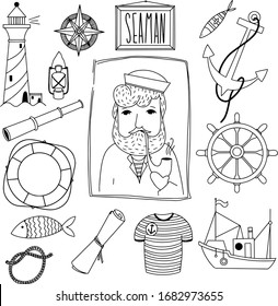 Black and white maritime icons set. Objects with marine theme. Yacht, sailboat, anchor. Illustrated sailor. Editable vector icons on white background. Profeshion.