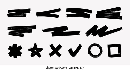 Black And White Marker Stains, Isolated on a White Background. Different Brush Strokes and Forms Collection. Hand Drawn Brush Stripes Isolated Vector.