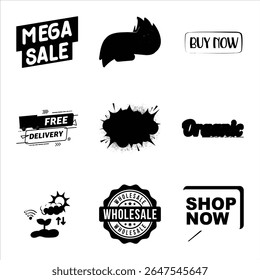 Black And White Marketing Elements Collection Featuring Mega Sale,Free Delivery And Shop Now