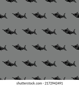 Black White Marlin Fish Vector Seamlesh Pattern With Gray Isolated Background