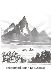 Black white mascara pattern of Chinese mountains and trees.
