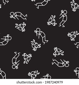 
Black and white masculine camp fire cookout seamless pattern. Modern monochrome stickfigure bbq illustration for male and unisex gift wrap.
