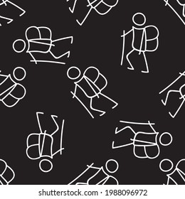 Black and white masculine hiking outdoor seamless pattern. Modern monochrome stickfigure bbq illustration for male and unisex wanderlust gift wrap.