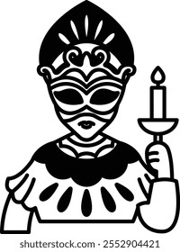 A black and white mask with a candle in its hand