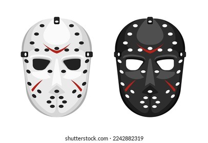 Black and white mask for hockey template. Professional protective equipment from hits and hitting puck for safety of player and scary decoration for vector halloween