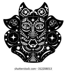 Black and white mask of Native American, African, or tribes of the far north and Siberia with patterns