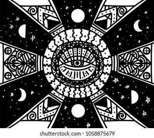 black and white masonic eye pattern with the moon