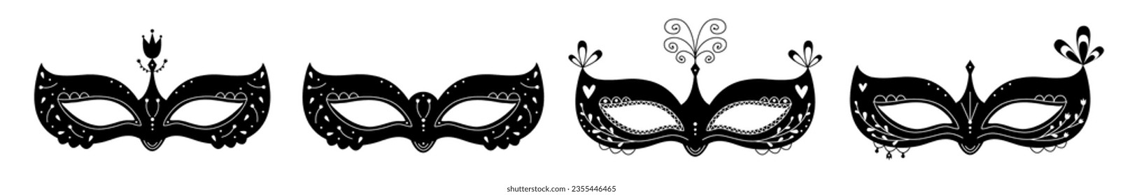 Black and white masquerade masks, illustration set, four items