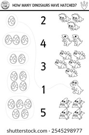 Preto e branco combinam os números de jogo de dinossauro com bebê dino, ovos. Atividade matemática pré-histórica de linha para crianças. Planilha de contagem educacional, página de coloração com tricerátops, estegossauro, T-rex
