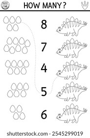 Black and white match the numbers dinosaur game with stegosaur and bony plates. Prehistoric line math activity, coloring page for kids. Dino educational counting worksheet with ancient animal
