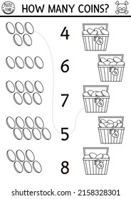Black and white match the numbers pirate game with treasure chest and golden coins. Treasure island hunt math activity for preschool kids. Sea adventures counting worksheet or coloring page
