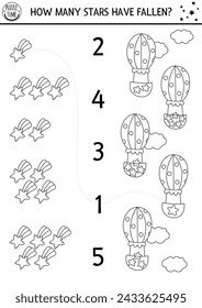 El blanco y negro combinan el juego de los números de unicornio con las estrellas caídas y el globo aerostático. Magia, cuento de hadas, línea espacial actividad matemática para los niños. Fantasía mundo educativo conteo hoja de cálculo, colorear página 
