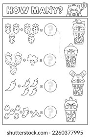 Black and white matching game with cute kawaii fruit, vegetables drinks. Math activity for preschool kids. Printable counting worksheet or coloring page with cartoon animals drinking bubble tea
