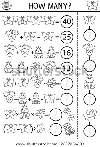 Black and white math game, equation or rebus with frog prince, strawberry, flower, butterfly. Woodland fairy or forest nature activity, coloring page. Fairyland printable counting worksheet for kids