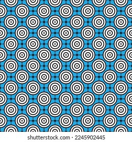 Black and white maze circle pattern on blue background. Colorful seamless interlocking circle pattern on blue backdrop.