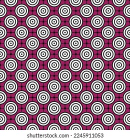 Black and white maze circle pattern on purple background. Colorful seamless interlocking circle pattern on purple backdrop.