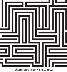 Black & white maze design made up of horizontal and vertical lines. Seamless vector pattern repeat.