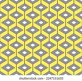 Patrón de diamante de laberinto blanco y negro sobre fondo amarillo. Patrón de círculo entrelazado colorido y sin fisuras sobre fondo amarillo.