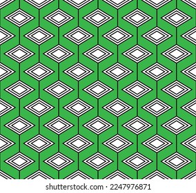 Black and white maze diamond pattern on green background. Colorful seamless interlocking circle pattern on green backdrop.