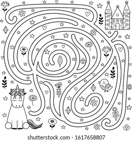 Black and white maze game and coloring page for kids. Help the unicorn find the way to the castle. Fairytale labyrinth for children. Vector illustration