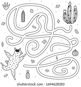 Black and white maze game with a cute llama. Funny puzzle worksheet for kids. Labyrinth and coloring page for children with alpaca. Vector illustration