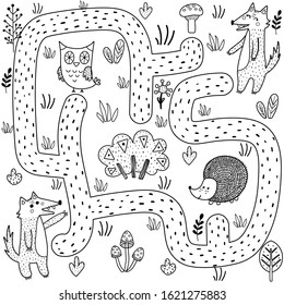 Black And White Maze Game For Kids. Help The Baby Wolf Find The Way To His Mother. Forest Labyrinth And Coloring Page For Children. Vector Illustration