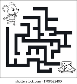 Black and white maze game for kids. Vector illustration of a mouse and a cheese plate.