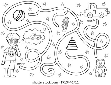 Black and white maze game for kids. Help little boy find the way to toy car. Printable labyrinth activity for children. Vector illustration