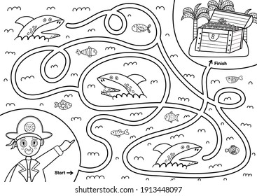 Black   white maze game for kids  Help the pirate find the way to the treasure  Printable labyrinth activity for children  Vector illustration