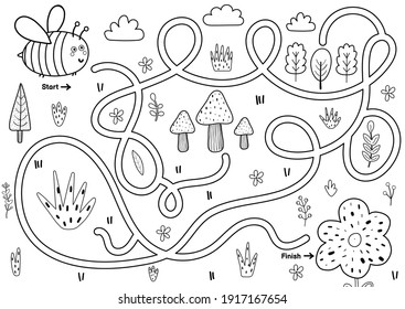 Black and white maze game for kids. Help the cute bee find the way to the flower. Printable labyrinth activity for children. Vector illustration