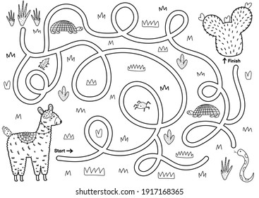 Black and white maze game for kids. Help the cute llama find the way to the cactus. Printable labyrinth activity for children. Vector illustration