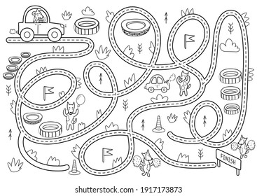 Black and white maze game for kids. Help the cute fog drive to finish. Printable labyrinth activity for children. Vector illustration