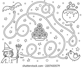 Black and white maze game for kids. Help a cute witch find path to the cauldron. Halloween puzzle for school and preschool. Vector illustration