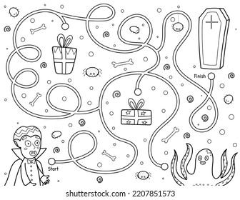Black and white maze game for kids. Help a cute vampire find path to the coffin. Halloween puzzle for school and preschool. Vector illustration