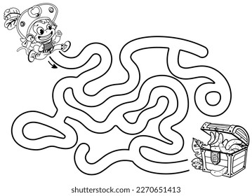 Black and white maze game for kids to guide pirate monkey to treasure chest full of bananas. Vector illustration.