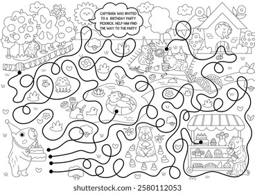 Black and white maze for kids with capybara in cone hat going to birthday party picknick with cake. Capibara preschool printable activity, coloring page with cute animal. Labyrinth game, puzzle
