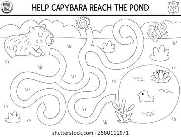 Black and white maze for kids with capybara going to pond through summer meadow. Capibara preschool printable activity, coloring page with cute animal. Labyrinth game or puzzle
