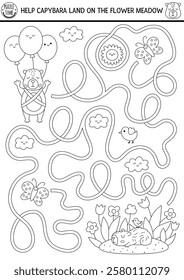 Black and white maze for kids with capybara flying on balloons to flower meadow. Capibara preschool printable activity with cute animal. Labyrinth game, coloring page or puzzle with bird, butterfly
