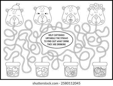 Black and white maze for kids with capybaras drinking bubble tea. Capibara preschool printable activity. Labyrinth game, coloring page or puzzle with cute animal, fruit drink. Untangle straw worksheet