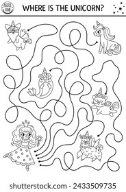 Black and white maze for kids with fairy and fantasy animals with horns. Magic printable activity with cute characters. Fairytale labyrinth game. Where is the unicorn line puzzle, coloring page
